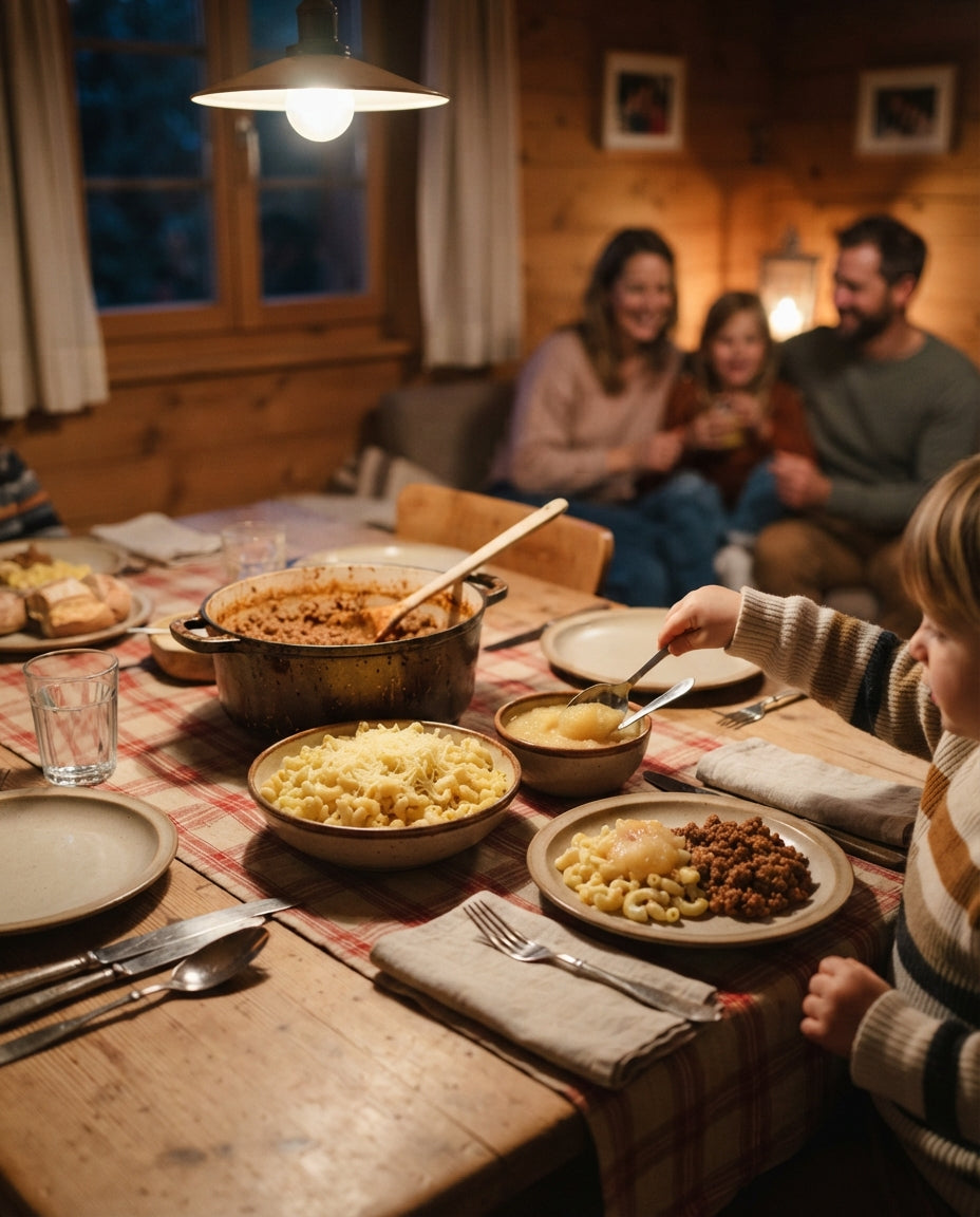 Ghackets mit Hörnli und Apfelmus – gemeinsam am Tisch