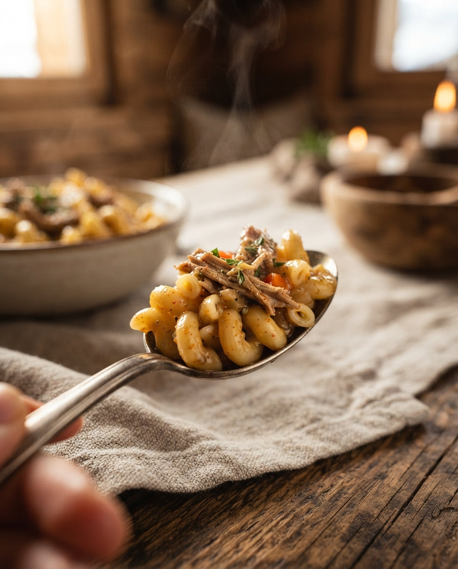 Hörnli-Stroganoff aus einem Topf – Detailaufnahme
