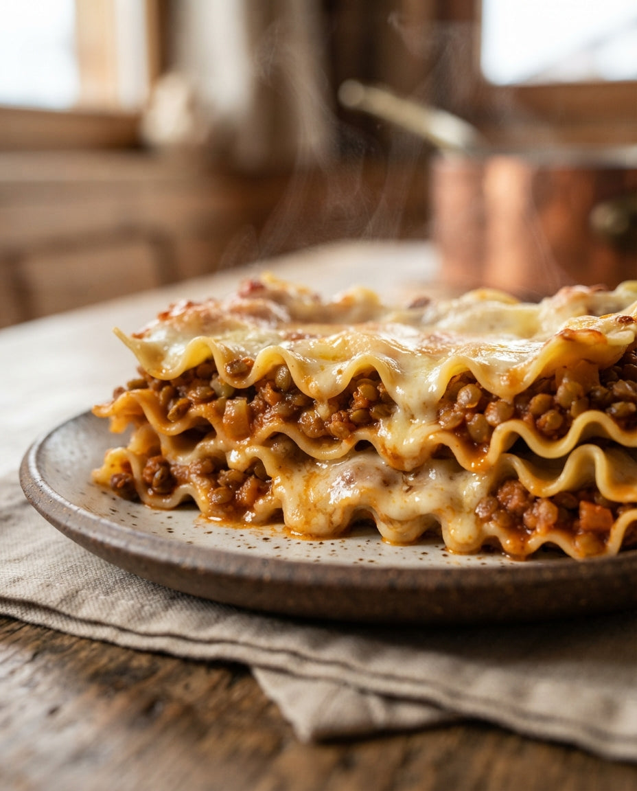Linsen-Gemüse-Lasagne, komplett pflanzlich – Detailaufnahme
