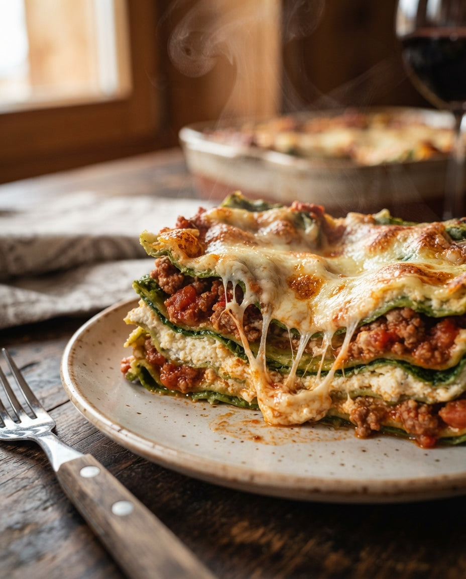 Grüne Blitz-Lasagne mit Spinat und Ricotta – Detailaufnahme