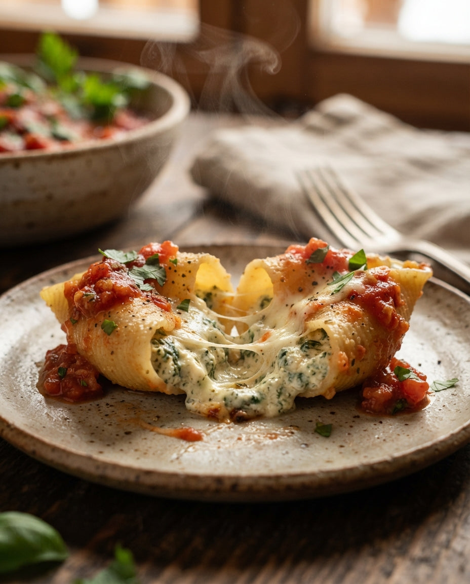 Gefüllte Lumaconi mit Ricotta und Spinat – Detailaufnahme