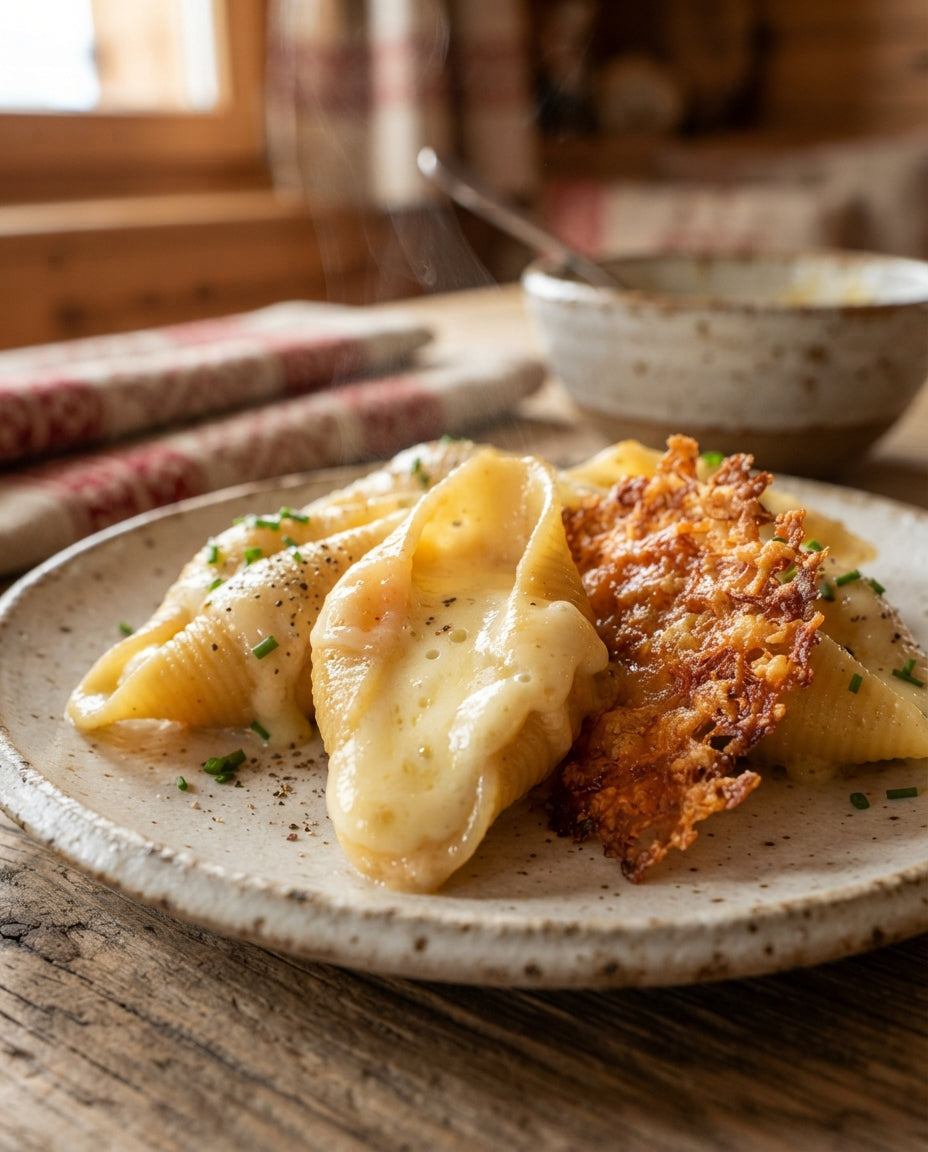 Müscheli-Gratin mit Schinken und Broccoli – Detailaufnahme
