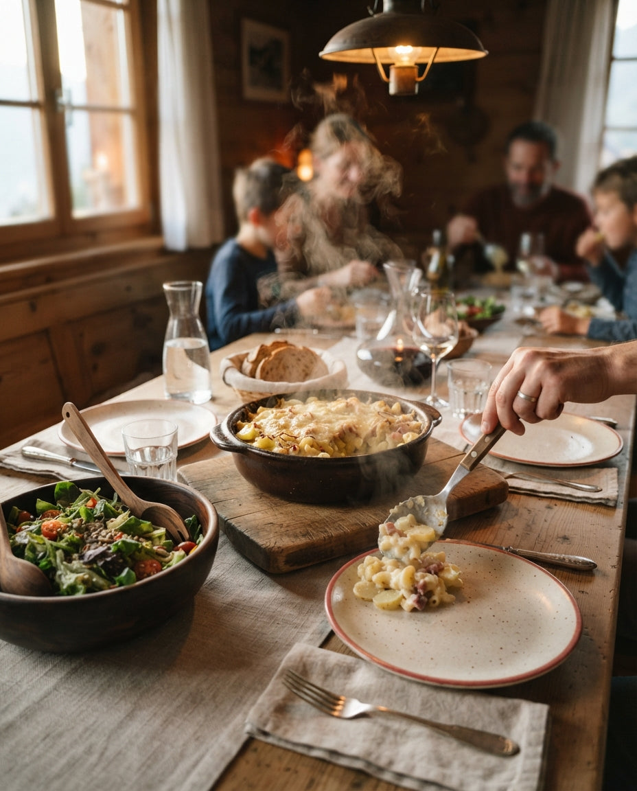 Müscheli-Gratin mit Schinken und Broccoli – gemeinsam am Tisch