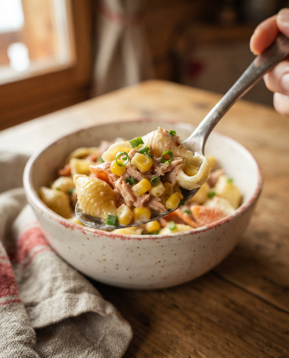 Bunter Müscheli-Salat mit Thon, Mais & Zitrone – Detailaufnahme