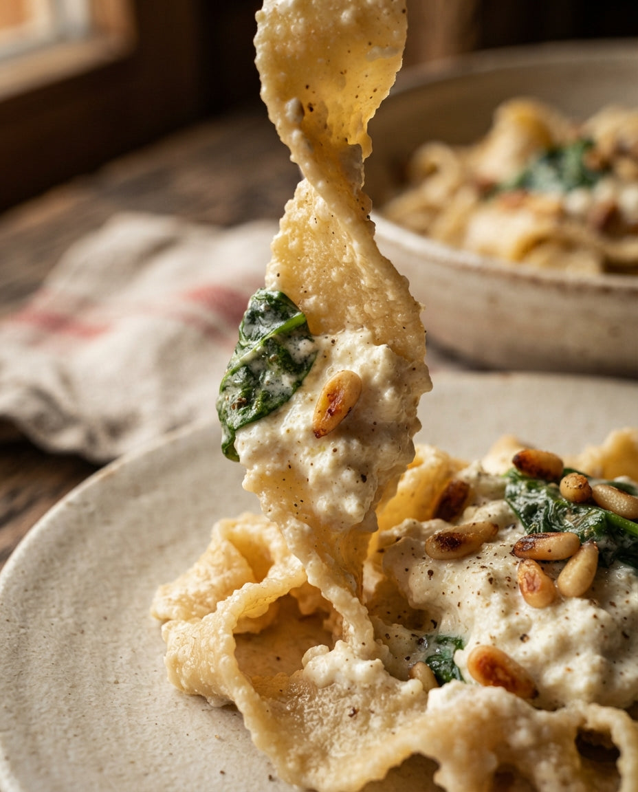 Bio-Nudeln mit Spinat-Ricotta und Zitrone – Detailaufnahme