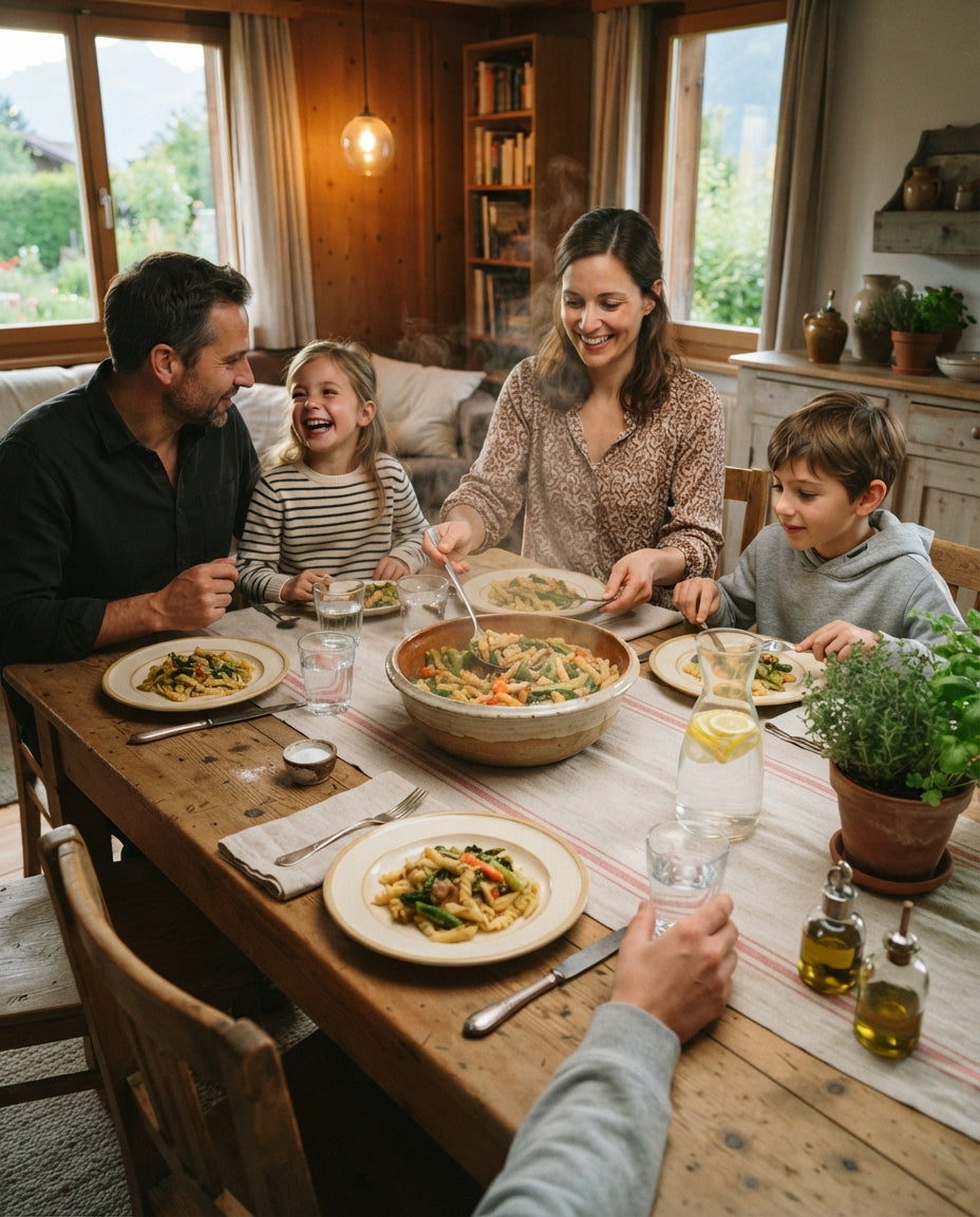 Bio-Nudeln mit Spinat-Ricotta und Zitrone – gemeinsam am Tisch