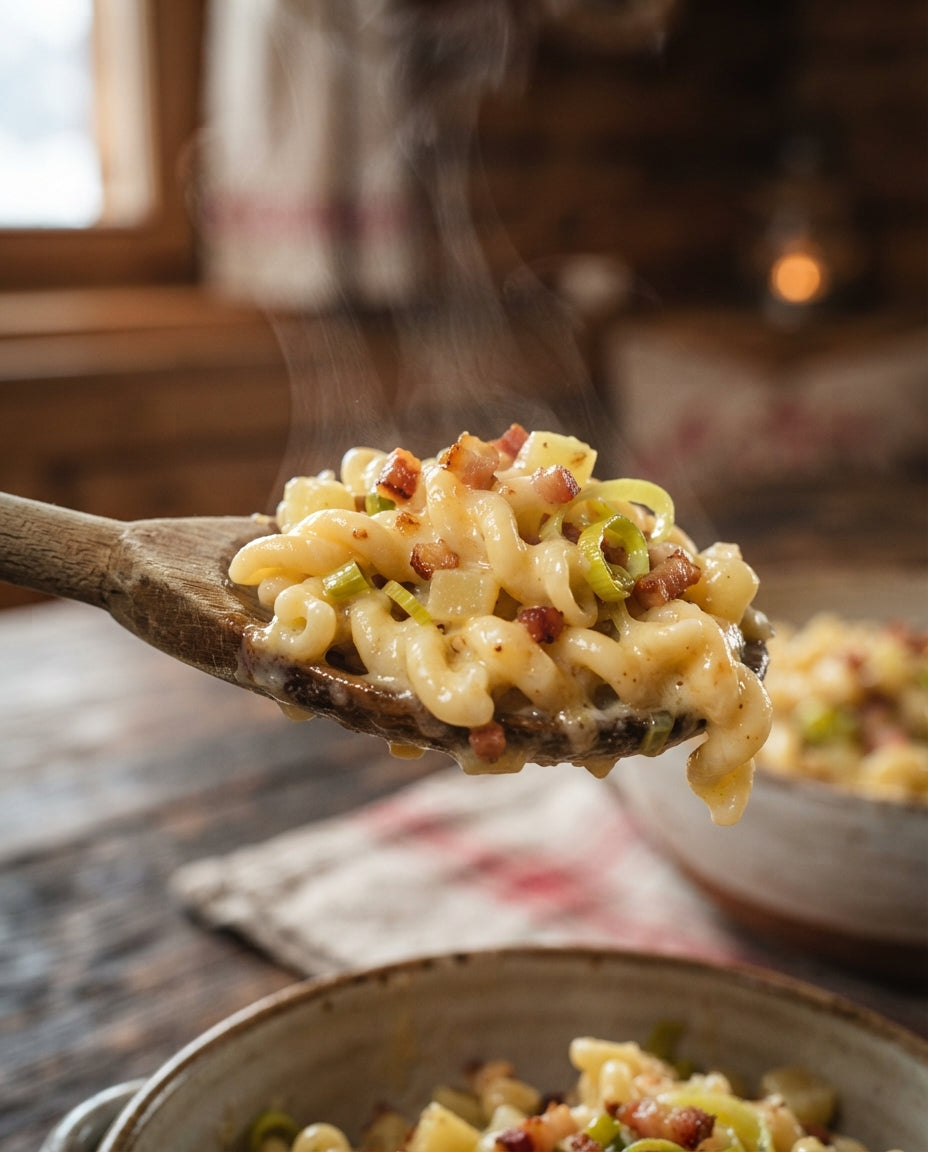 One-Pot-Nudeln mit Lauch und Speck – Detailaufnahme