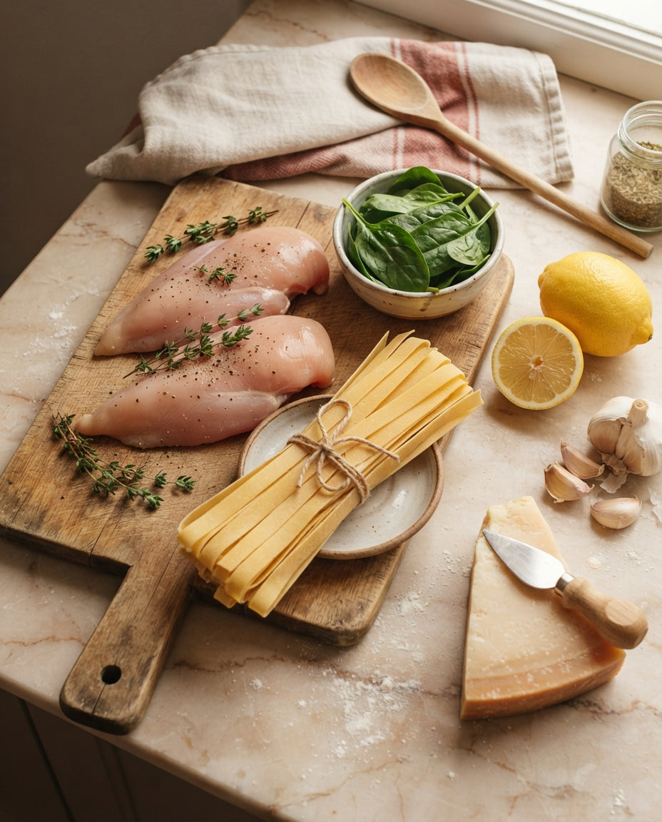 Breite Nudeln mit Zitronen-Poulet & Spinat – Zutaten