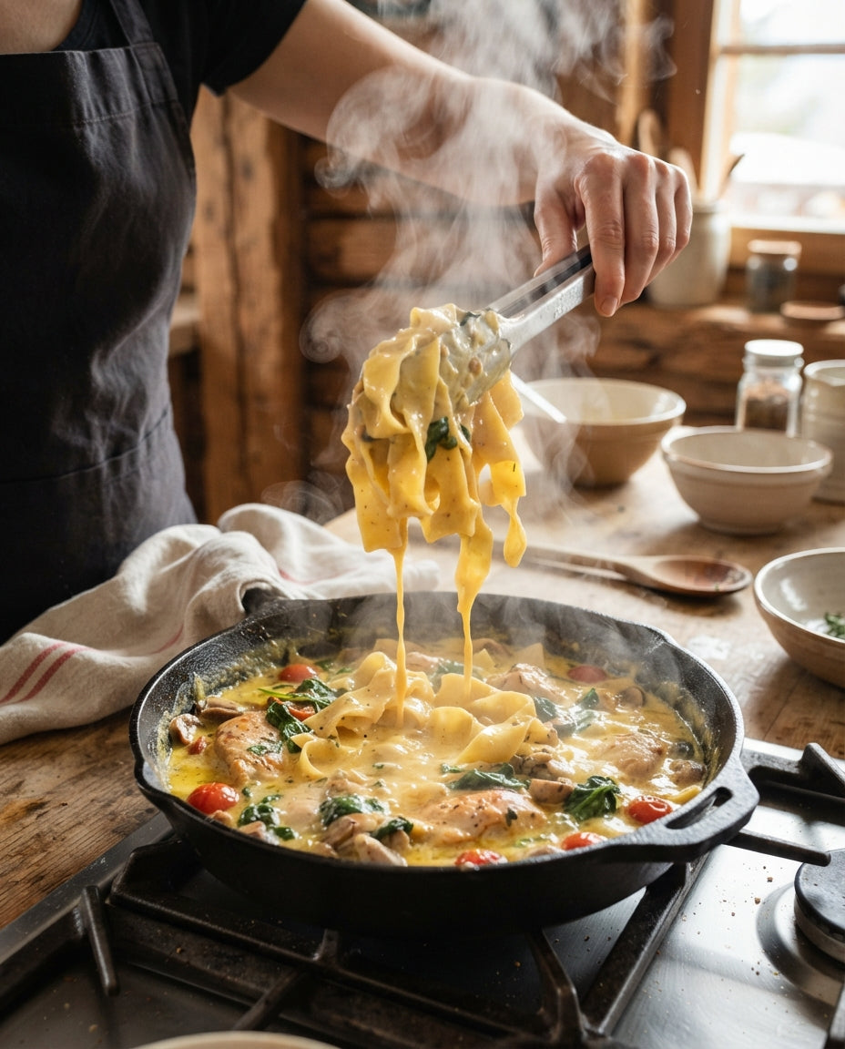 Breite Nudeln mit Zitronen-Poulet & Spinat – Zubereitung