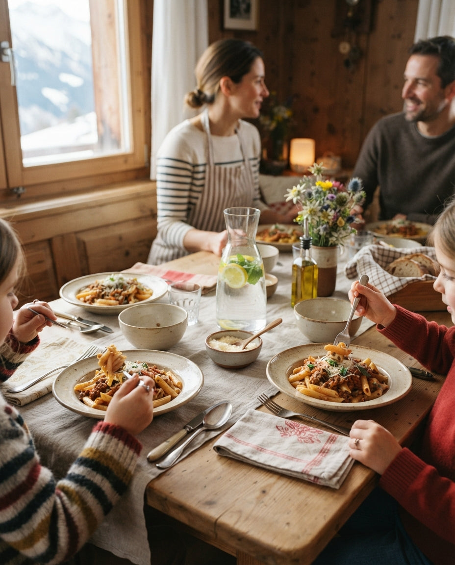 Breite Nudeln mit Zitronen-Poulet & Spinat – gemeinsam am Tisch