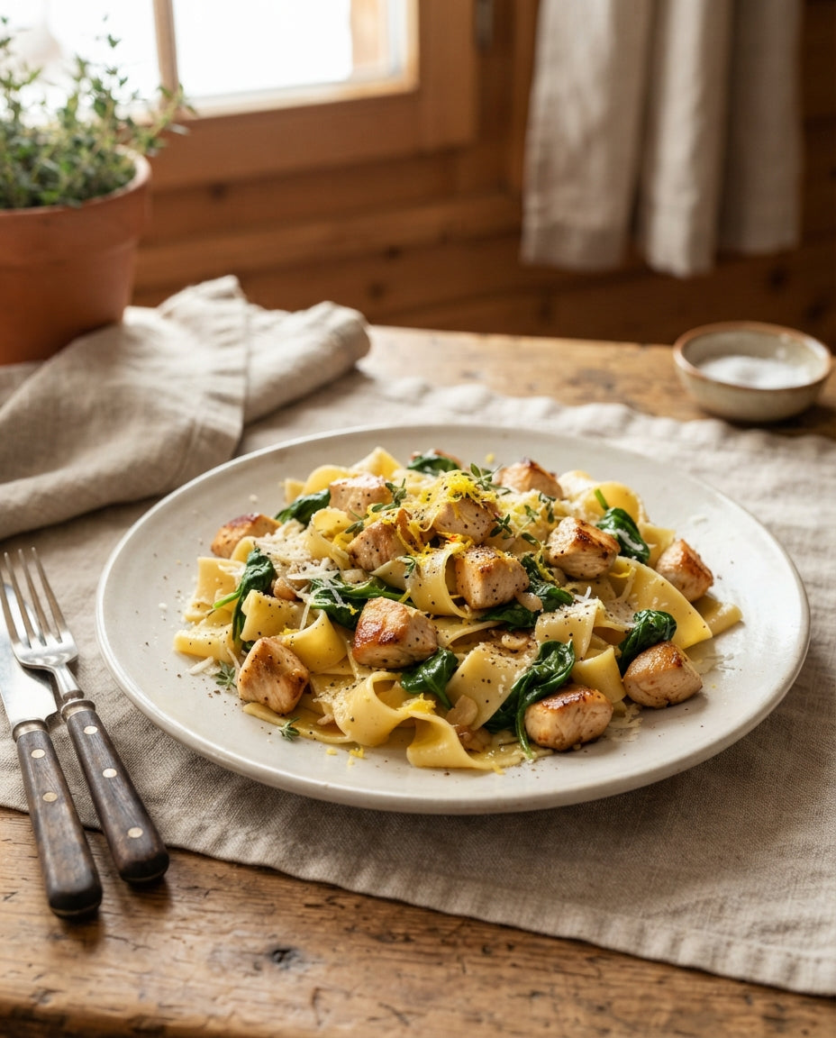 Rezept: Breite Nudeln mit Zitronen-Poulet & Spinat