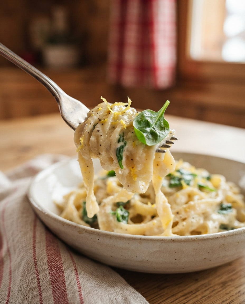 Zitronen-Ricotta-Nudeln mit Spinat – Detailaufnahme
