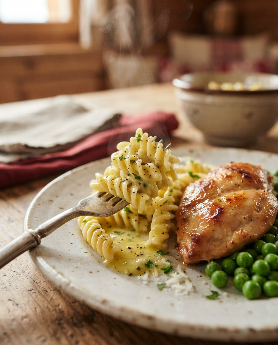 Nudeln mit Zitronen-Poulet-Geschnetzeltem – Detailaufnahme