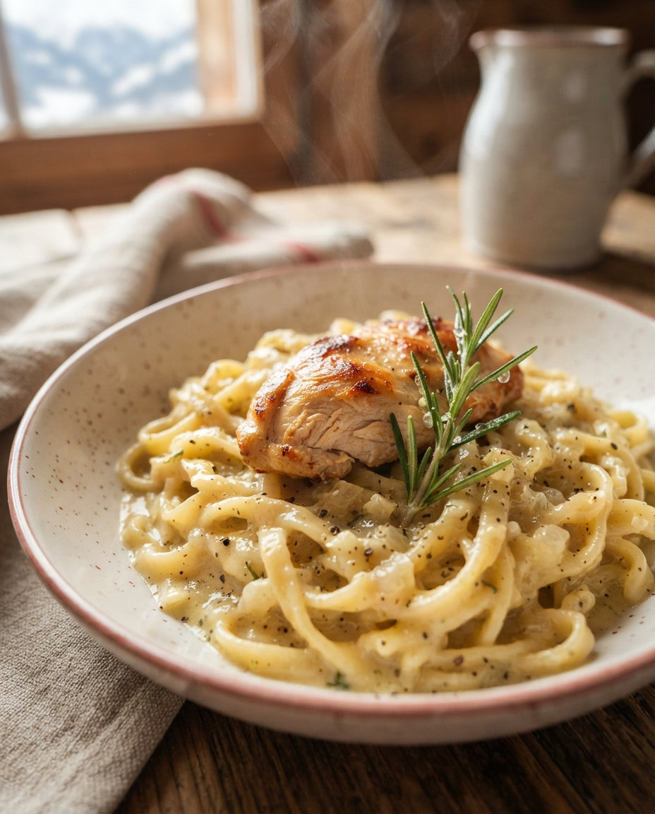 Feine Nudeln mit Zitronen-Poulet-Geschnetzeltem – Detailaufnahme