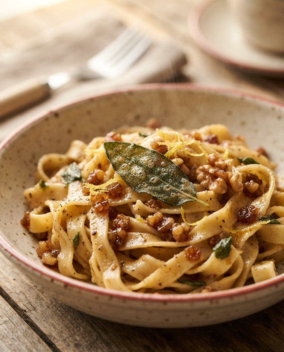 Nudelnester in Salbeibutter mit Baumnüssen – Detailaufnahme