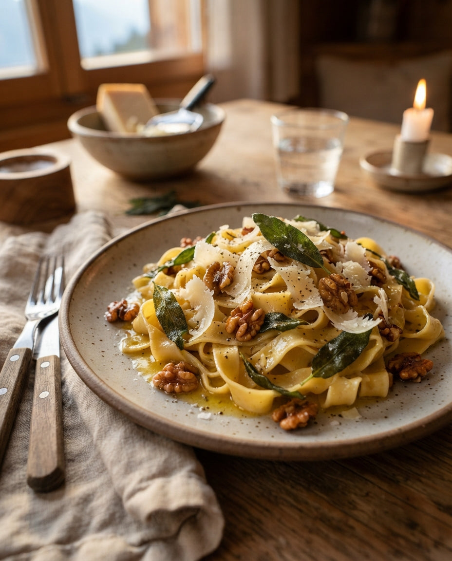Rezept: Nudelnester in Salbeibutter mit Baumnüssen