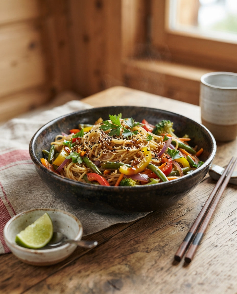 Rezept: Blitz-Nudelpfanne süss-salzig mit Gemüse