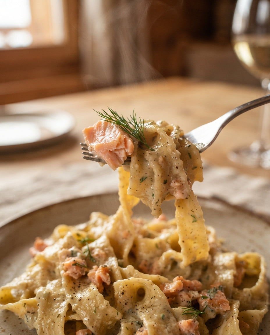 Nudelnester mit Zitronen-Rahm-Lachs – Detailaufnahme