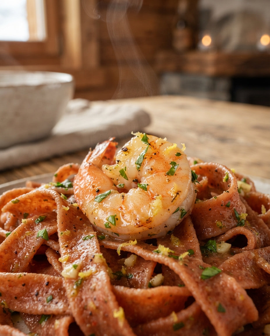 Chili-Nudelnester mit Knoblauch-Crevetten – Detailaufnahme
