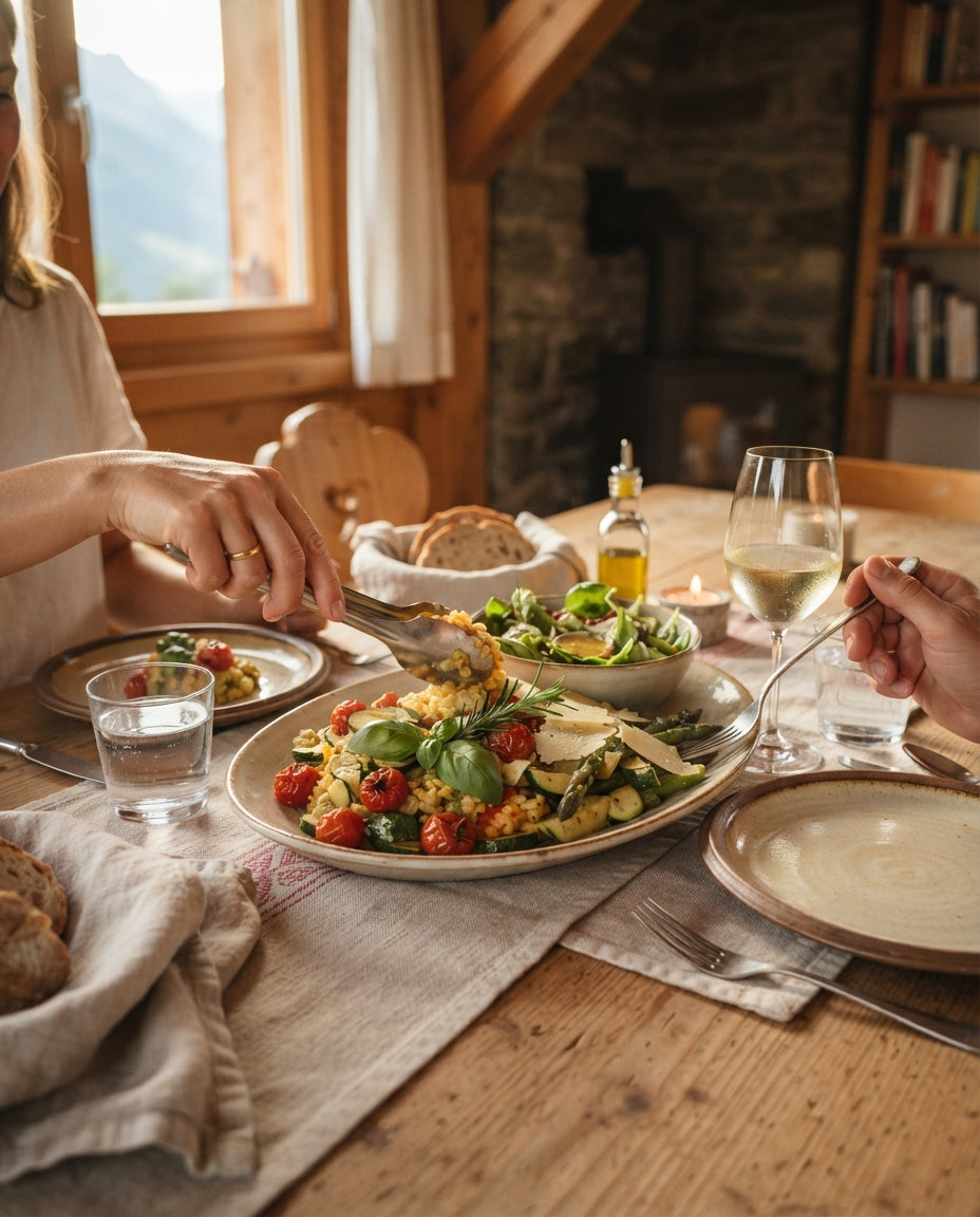 Chili-Nudelnester mit Knoblauch-Crevetten – gemeinsam am Tisch
