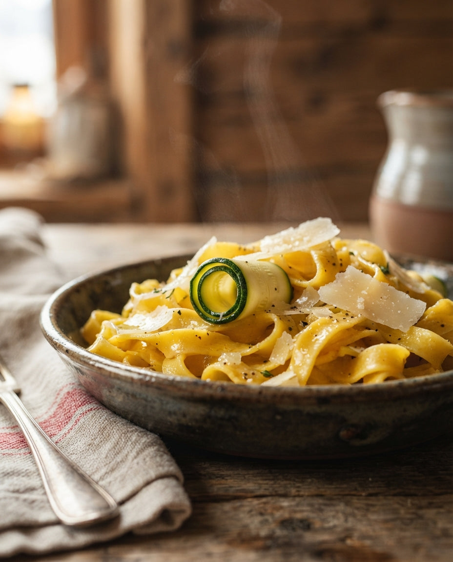 Safran-Nudelnester in Zucchetti-Parmesan-Butter – Detailaufnahme