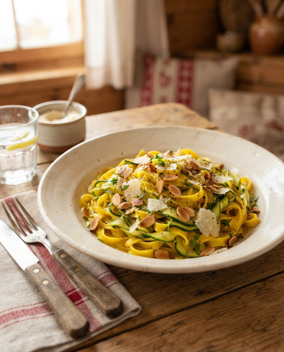 Rezept: Safran-Nudelnester in Zucchetti-Parmesan-Butter