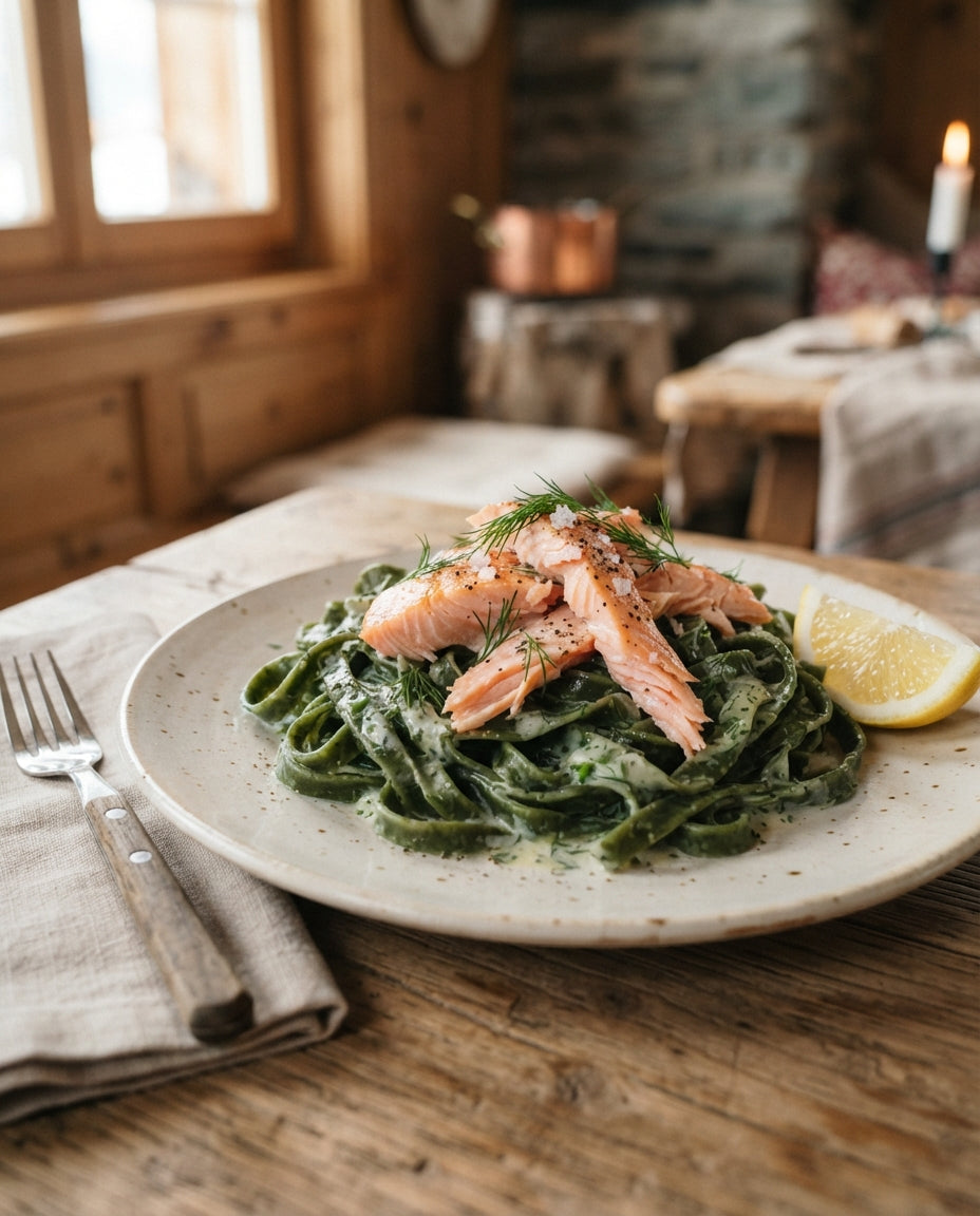 Rezept: Grüne Spinatnudeln mit Räucherlachs & Dill