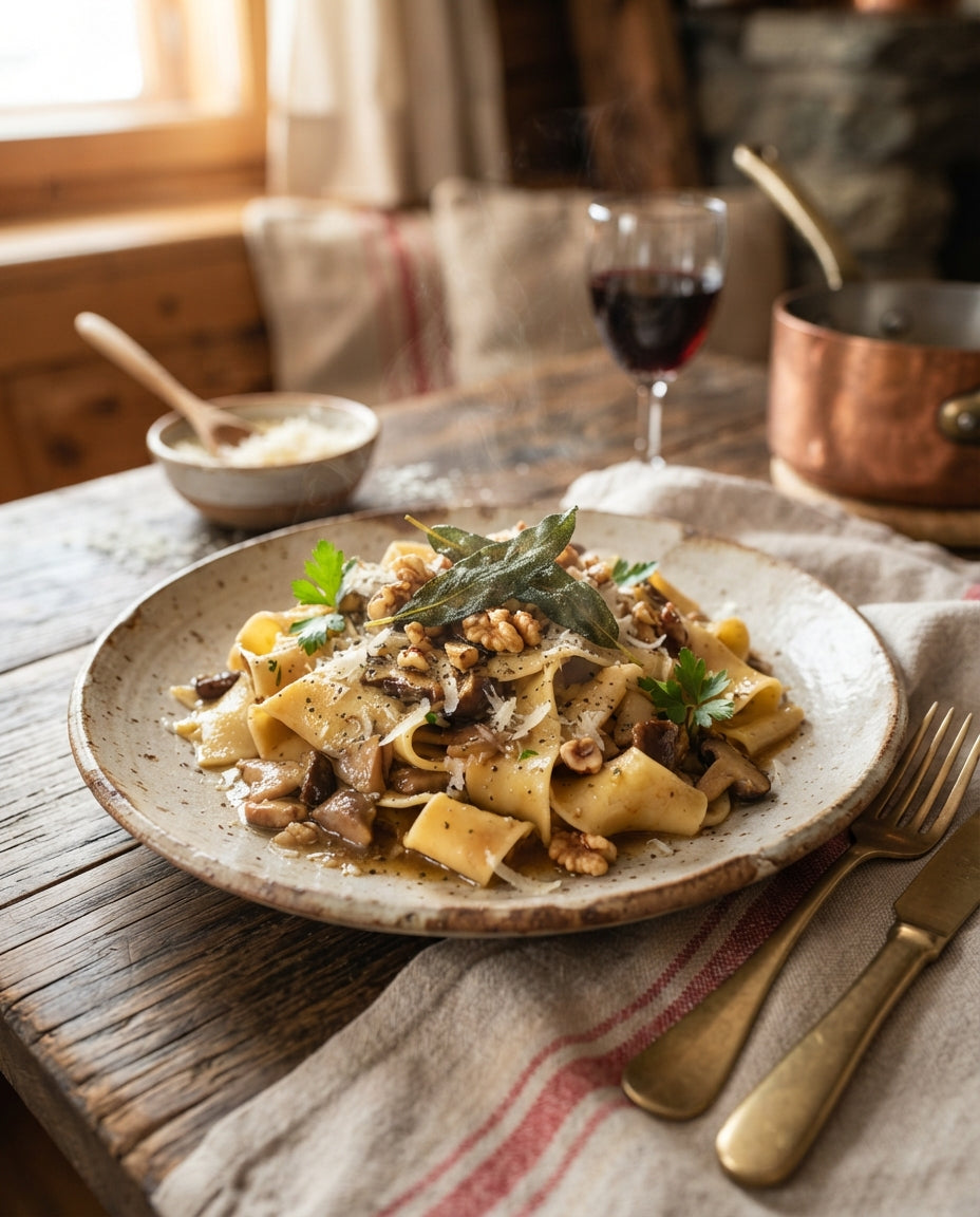 Rezept: Steinpilz-Nudeln an Salbeibutter mit Baumnüssen