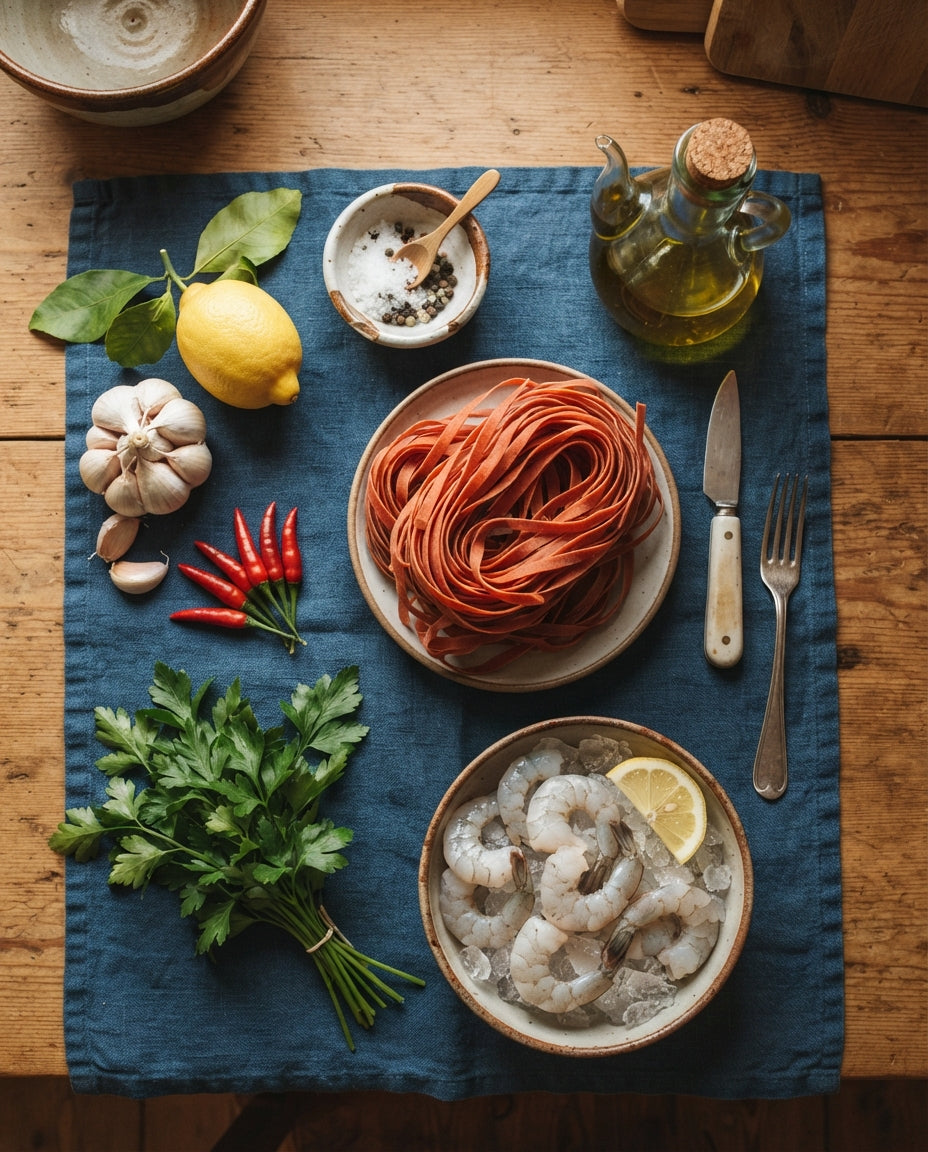 Tomaten-Nudelnester mit Knoblauch-Crevetten – Zutaten