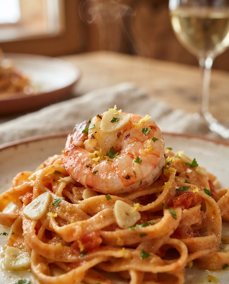 Tomaten-Nudelnester mit Knoblauch-Crevetten – Detailaufnahme