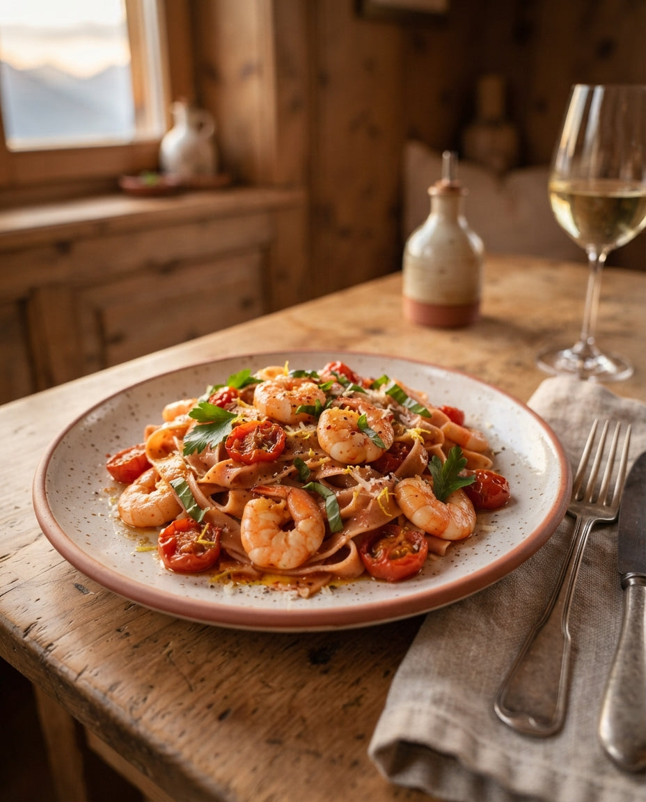 Rezept: Tomaten-Nudelnester mit Knoblauch-Crevetten
