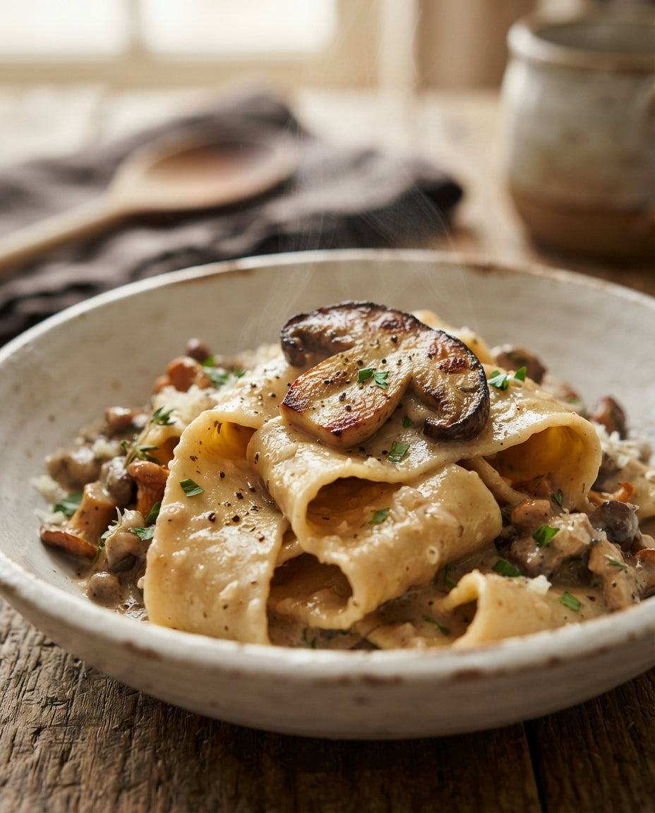 Pappardelle mit rassiger Pilz-Rahmsauce – Detailaufnahme
