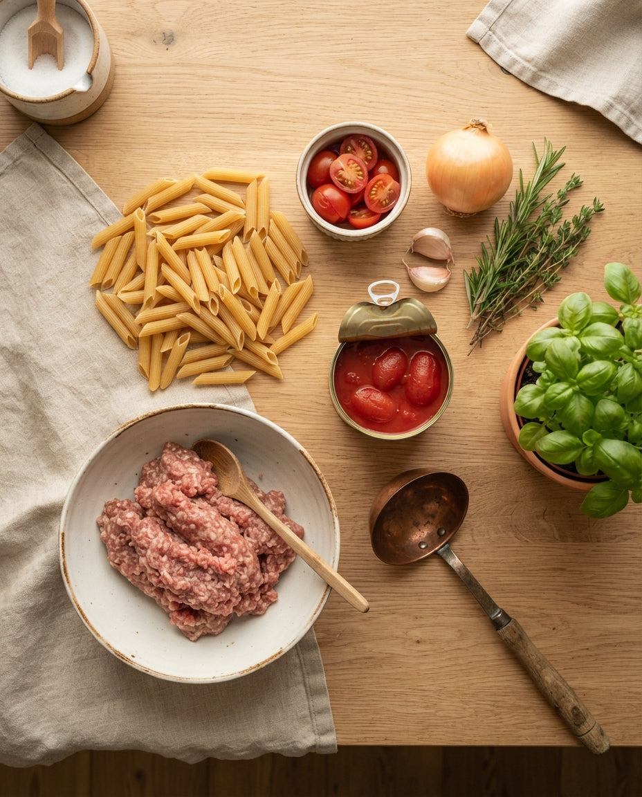 Penne mit Brätkügeli im Tomatensugo – Zutaten