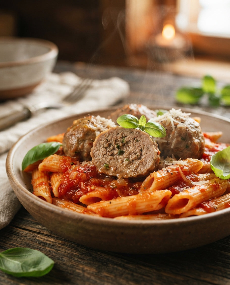 Penne mit Brätkügeli im Tomatensugo – Detailaufnahme