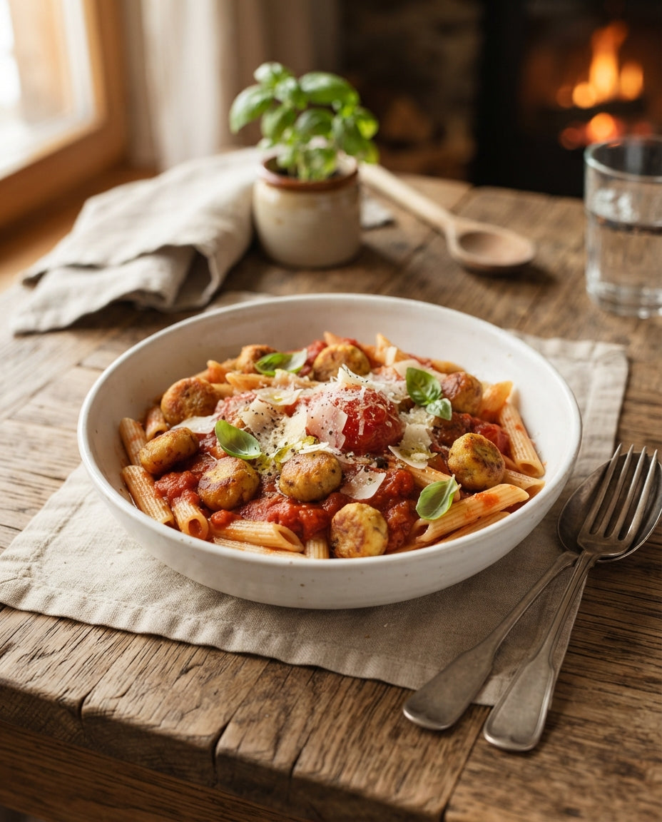 Rezept: Penne mit Brätkügeli im Tomatensugo