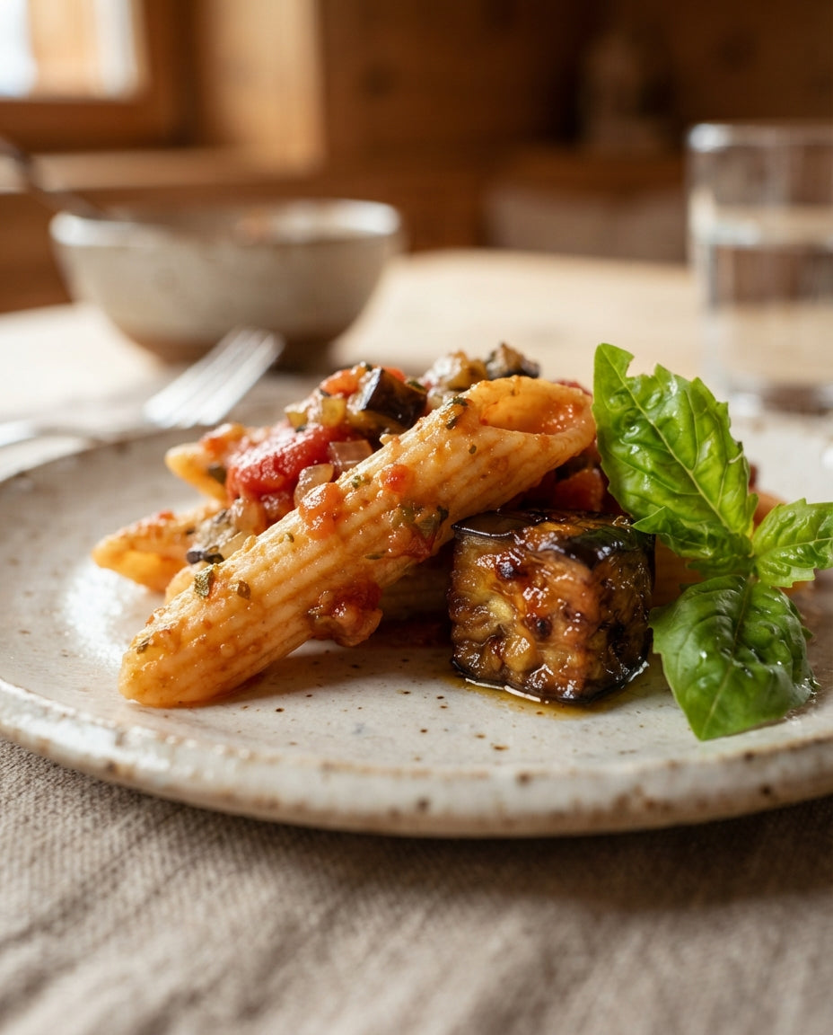 Penne alla Norma mit Ofen-Auberginen – Detailaufnahme