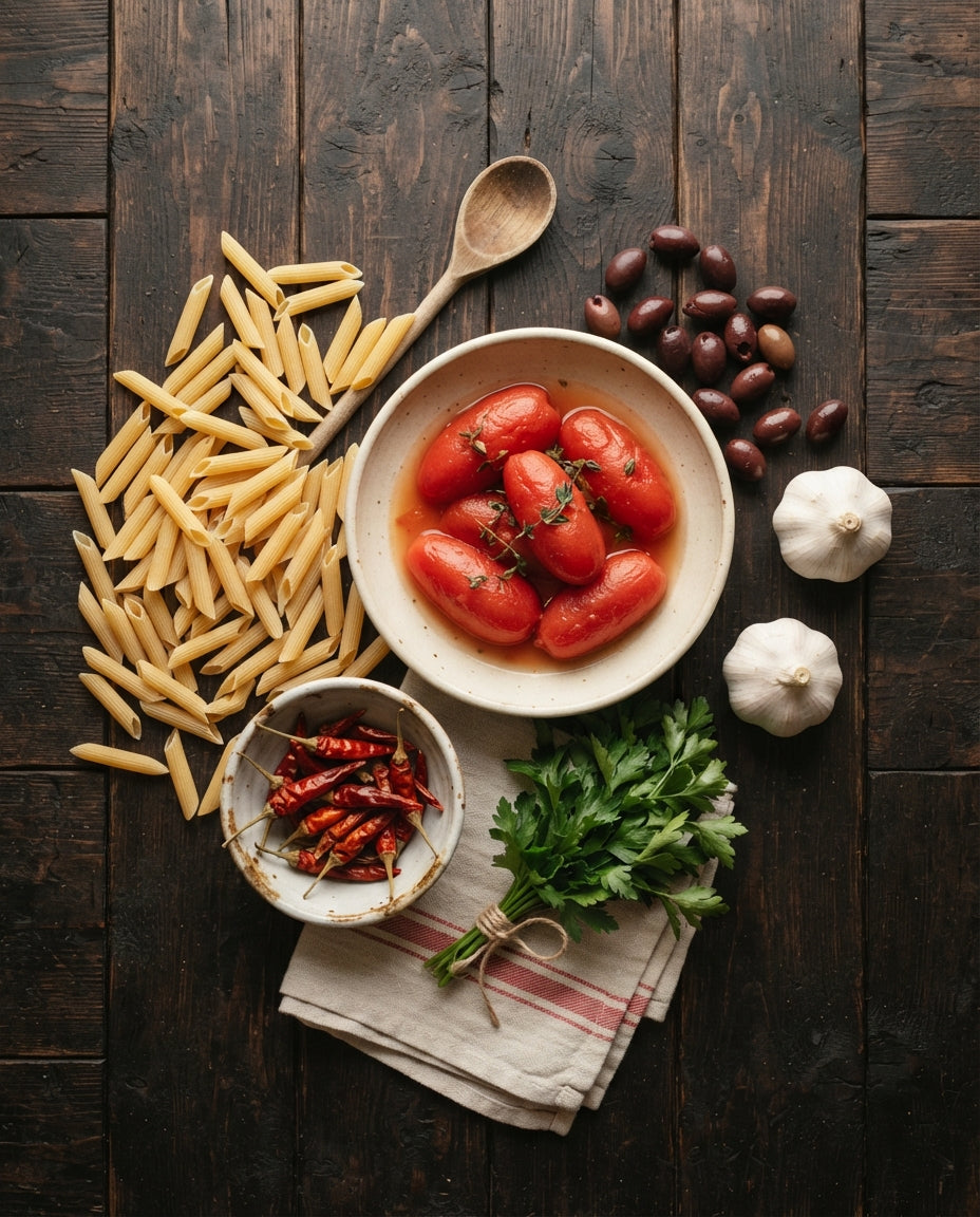 Penne all'Arrabbiata mit Oliven & Knusper-Knoblauch – Zutaten