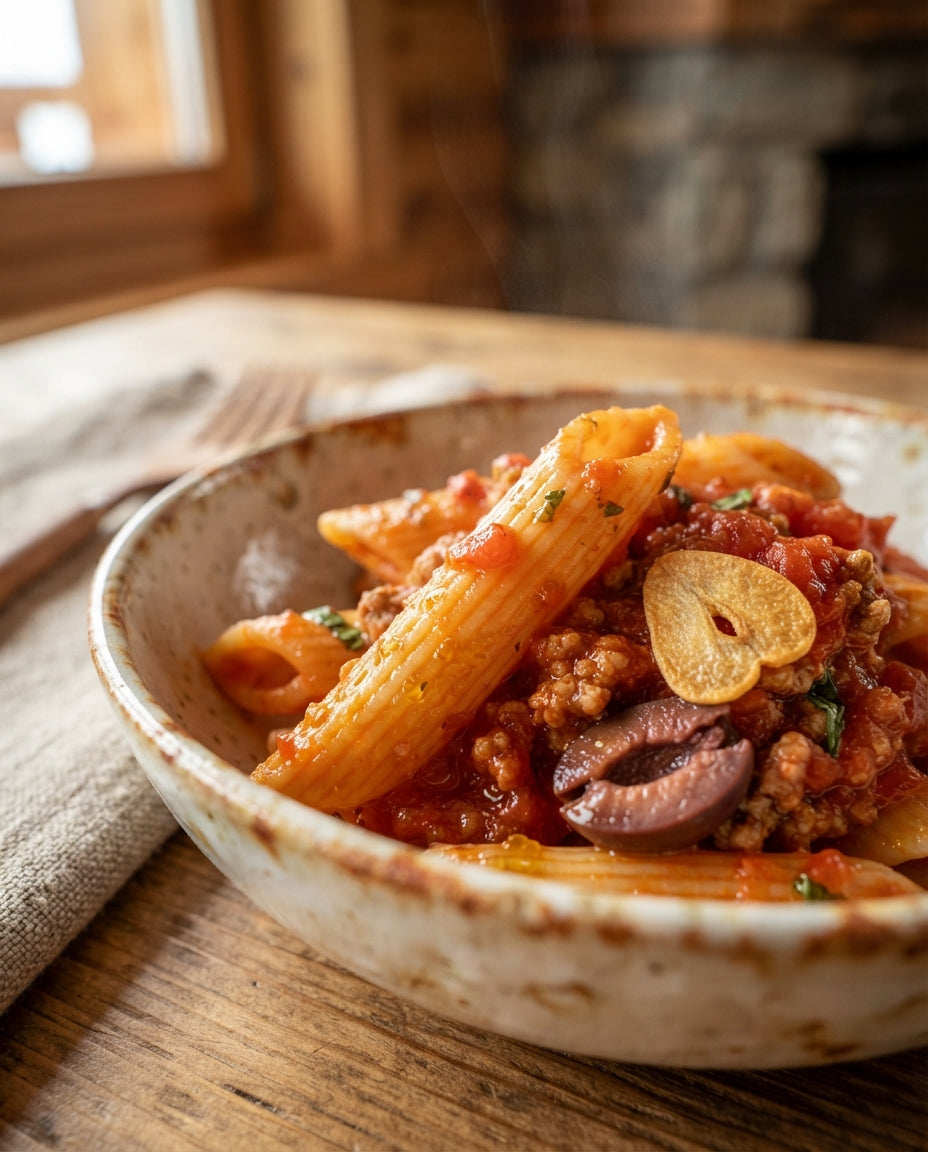 Penne all'Arrabbiata mit Oliven & Knusper-Knoblauch – Detailaufnahme