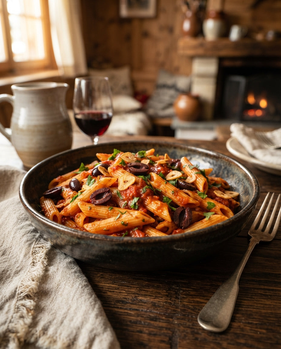 Rezept: Penne all'Arrabbiata mit Oliven & Knusper-Knoblauch