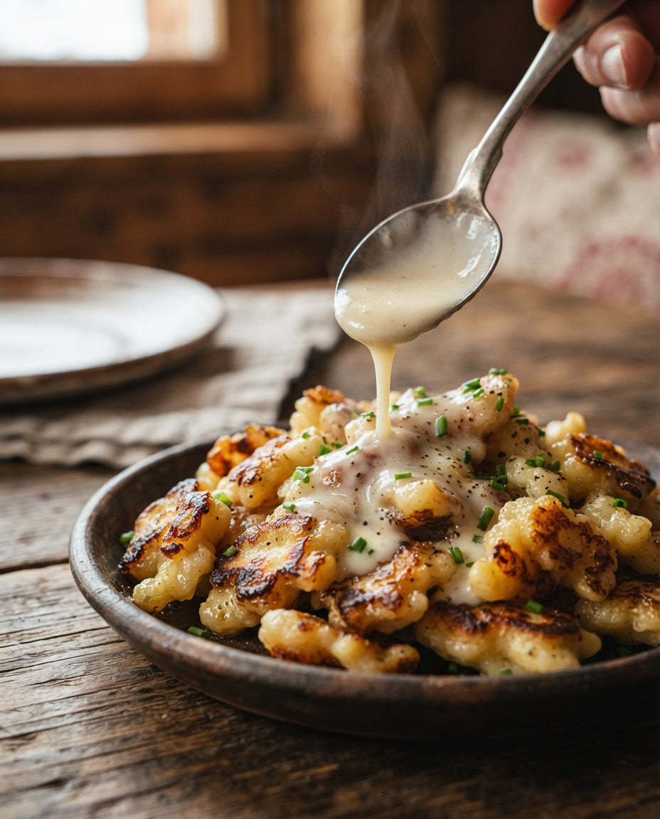 Spätzli-Pfanne mit Rahmgeschnetzeltem – Detailaufnahme
