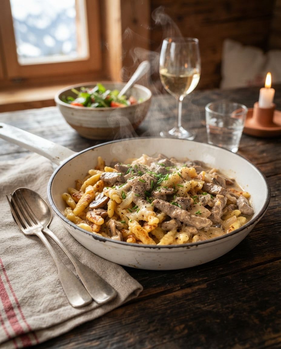 Rezept: Spätzli-Pfanne mit Rahmgeschnetzeltem