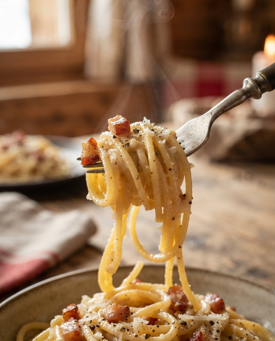 Spaghetti Carbonara mit Schweizer Bergkäse-Twist – Detailaufnahme