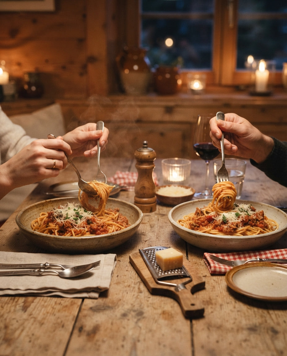 Spaghetti Carbonara mit Schweizer Bergkäse-Twist – gemeinsam am Tisch