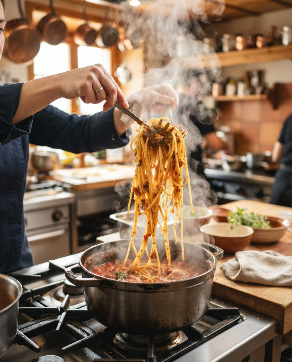 50-cm-Spaghetti mit Speck-Tomaten-Sugo – Zubereitung