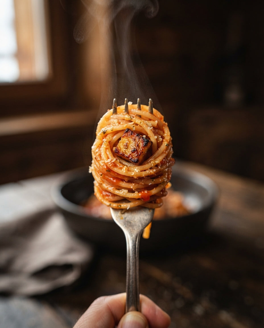 50-cm-Spaghetti mit Speck-Tomaten-Sugo – Detailaufnahme