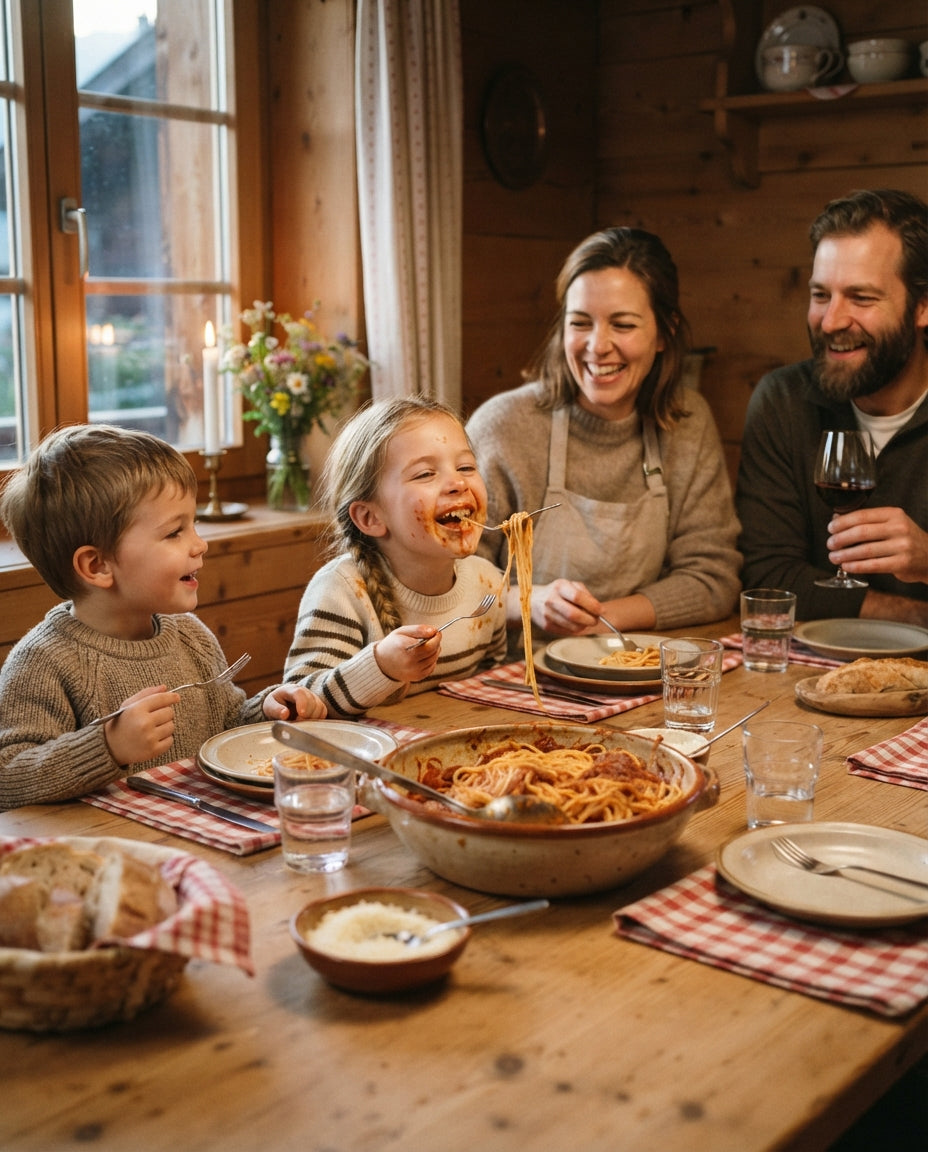50-cm-Spaghetti mit Speck-Tomaten-Sugo – gemeinsam am Tisch