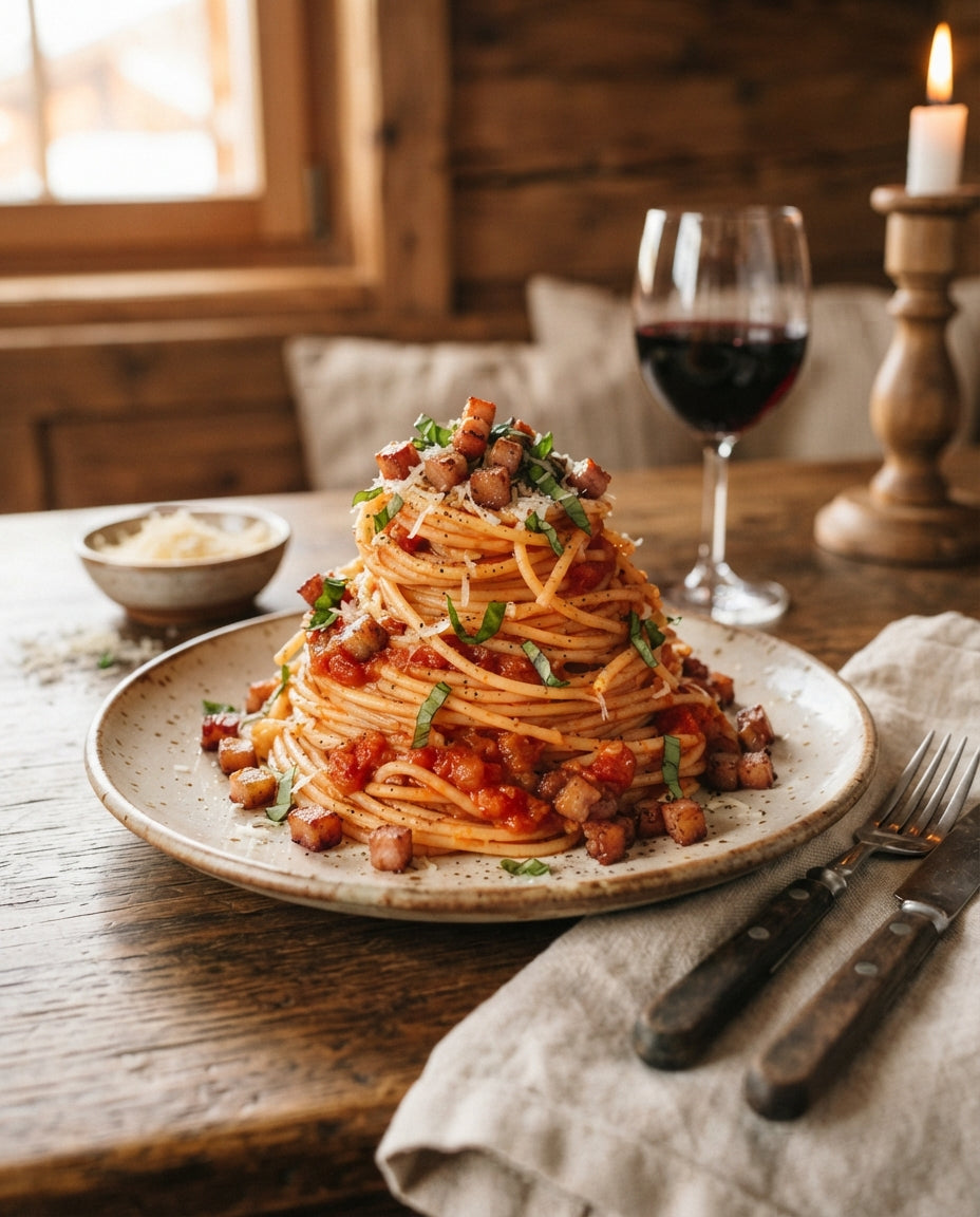 Rezept: 50-cm-Spaghetti mit Speck-Tomaten-Sugo