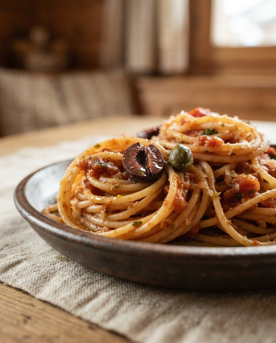 Spaghetti alla Puttanesca – feurig und flott – Detailaufnahme