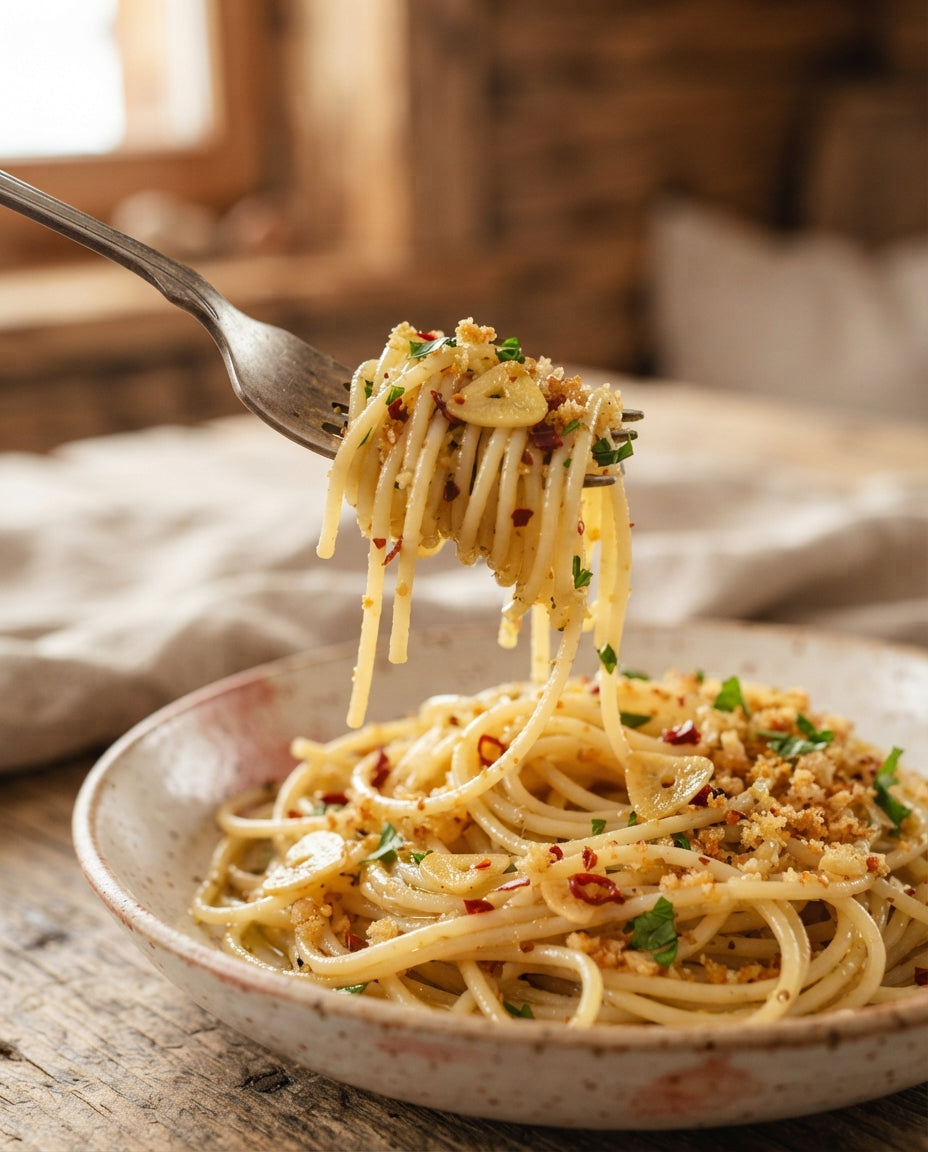 Spaghetti aglio e olio mit Knusperbröseln – Detailaufnahme