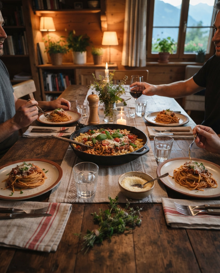 Spaghetti aglio e olio mit Knusperbröseln – gemeinsam am Tisch